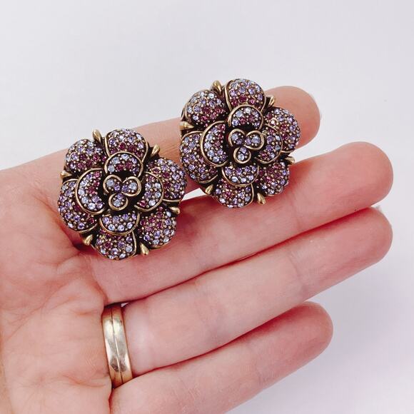 Signed Heidi Daus Swarovski Crystal Clip On Earrings Floral Flower Designer VTG - Picture 3 of 11